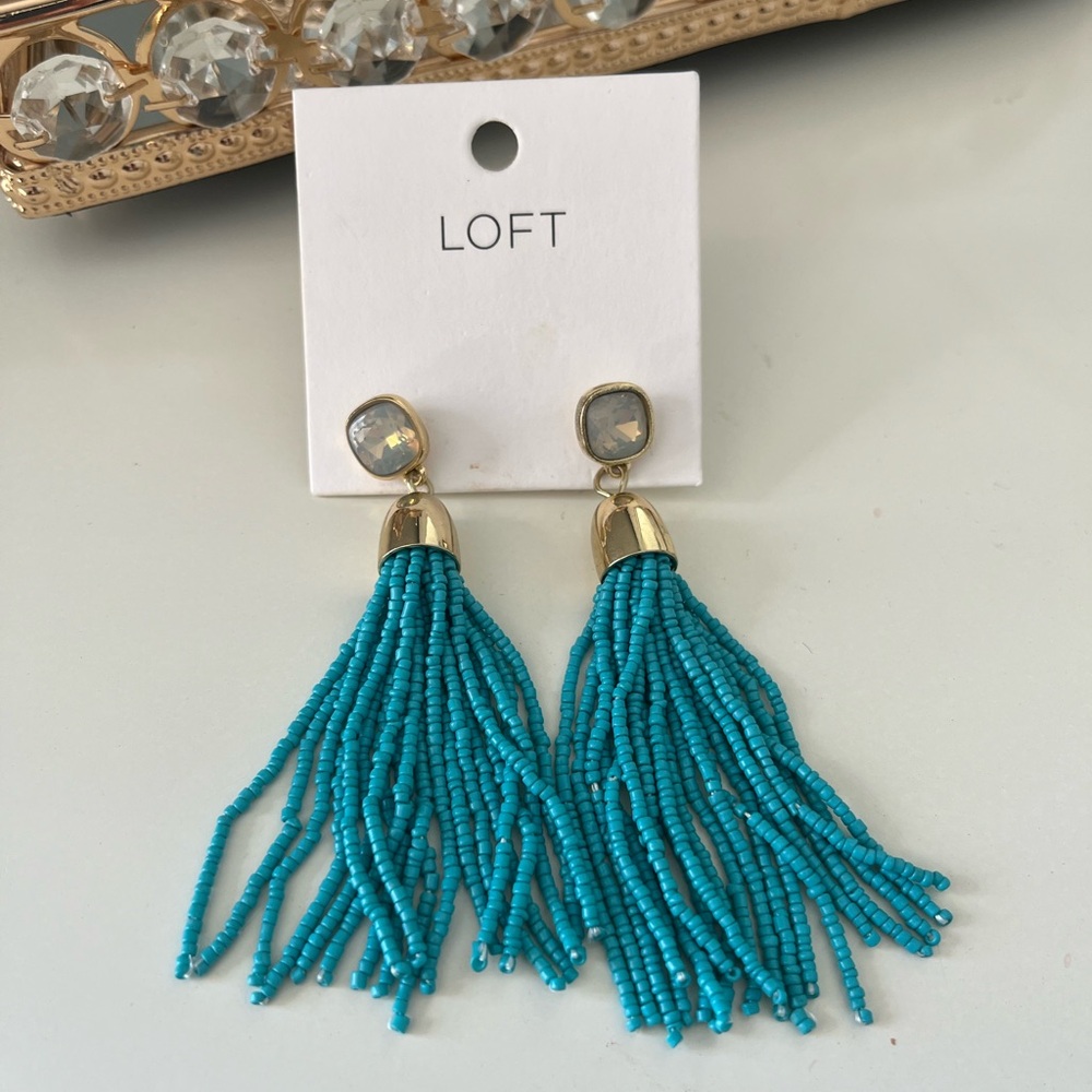 NWT Turquoise & Gold Beaded Tassel Earrings